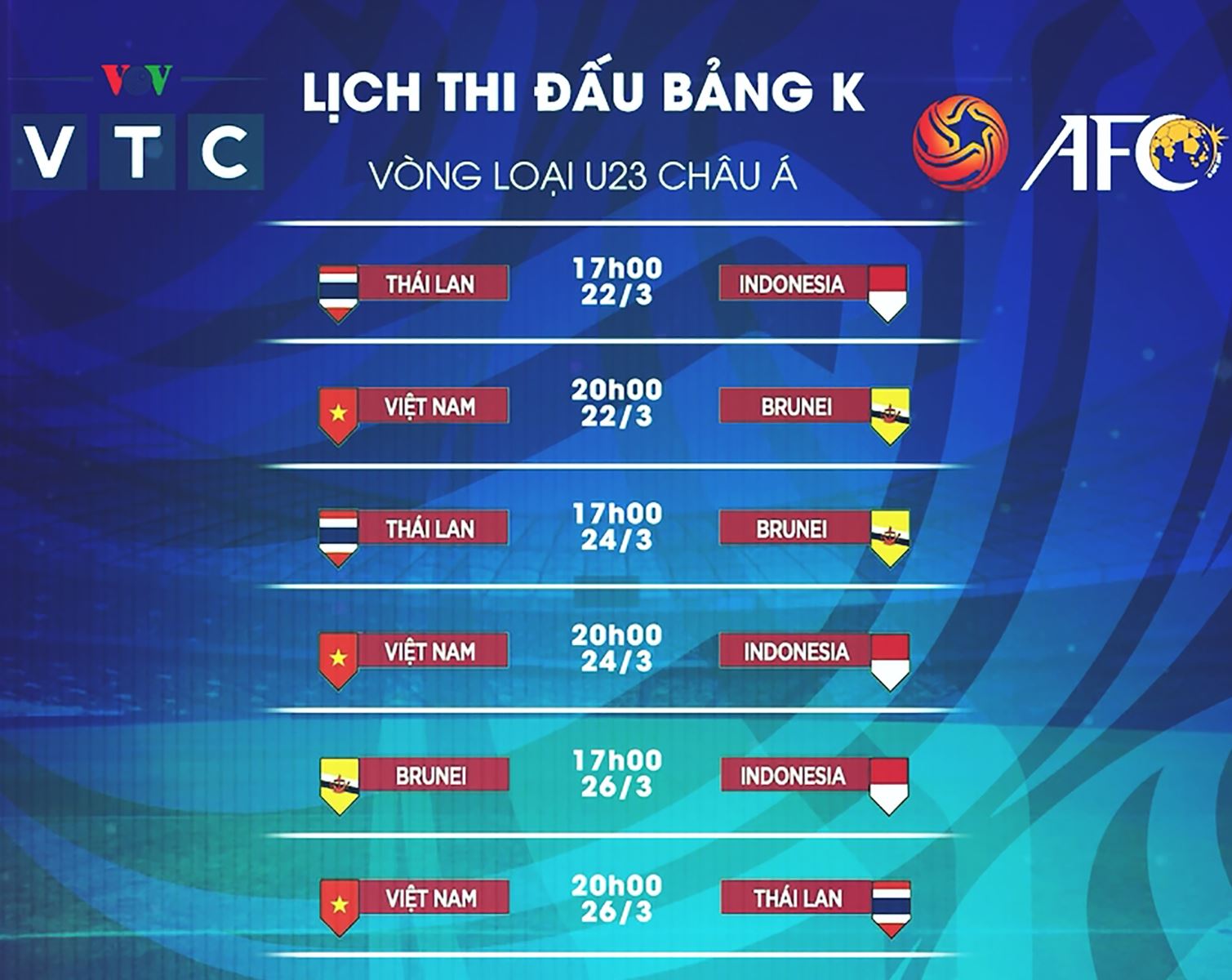 Lịch thi đấu U23 châu Á. U23 Việt Nam. Xem trực tiếp bóng đá VTC3 VTV5